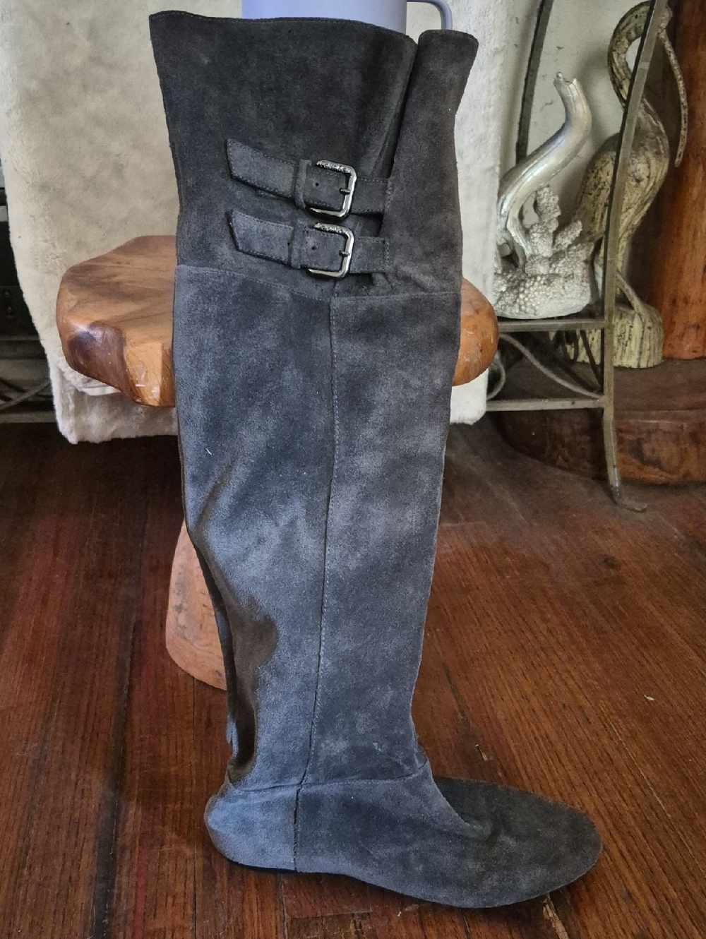 Suede Over-the-Knee Buckle Boots in Charcoal